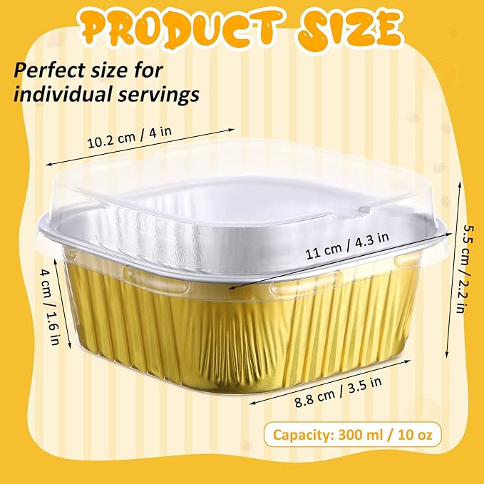 Aoriher 150 Pieces 10 oz Mini Cake Pans with Lids Aluminum Foil Baking Cups Square Disposable 4" x