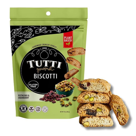 Tutti Gourmet Gluten Free Pistachio & Cranberry Biscotti, 9.9 oz (283g) Resealable Cookie Bag