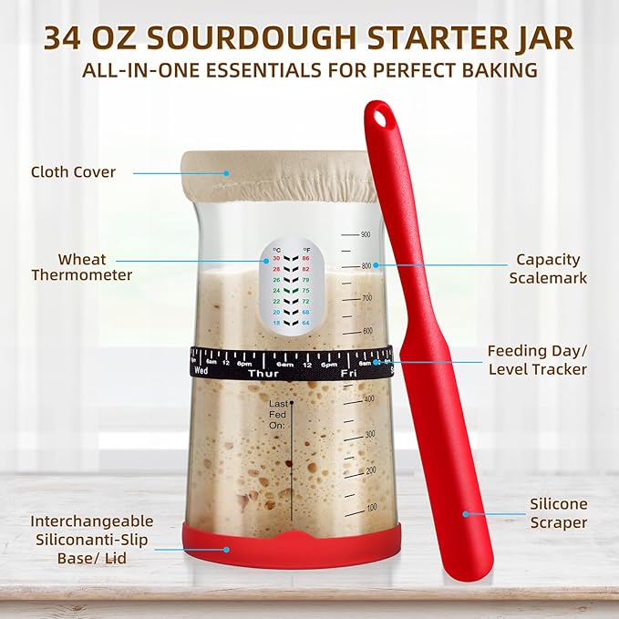 Sourdough Starter Kit,Gift for Bakers Sourdough Bread Baking Supplies,34oz Starter Jar, 2 Cotton