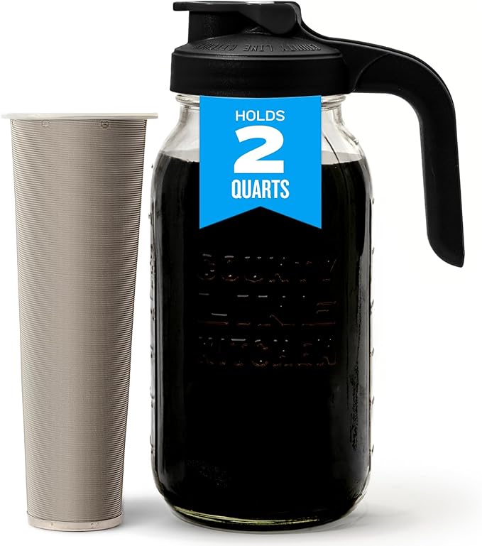 County Line Kitchen Glass Cold Brew Coffee Maker with Lid - Wide Mouth, 2 Quart (64 oz) - Heavy