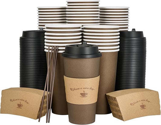 LITOPAK 100 Pack 20 oz Paper Coffee Cups, Brown Disposable Coffee Cups with Lids, Sleeves, Sticks