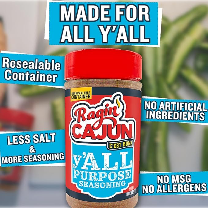 Ragin' Cajun y'ALL PURPOSE Seasoning - 8 oz Shaker - Pack of 2, Low Sodium, No MSG - Mild Louisiana