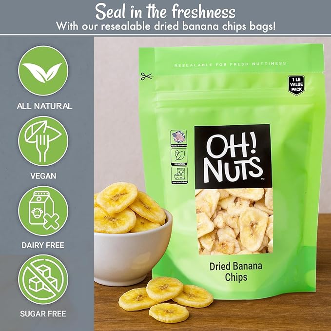 Oh! Nuts Dried Banana Chips - Sweetened Dehydrated Banana Chips - 1 lb - Bulk Bag for Snacking and
