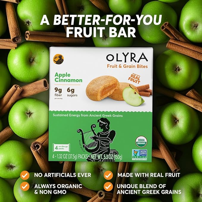 Olyra Apple Cinnamon - Organic Soft Baked Fruit Bars - High Fiber - Healthy Breakfast Snack with