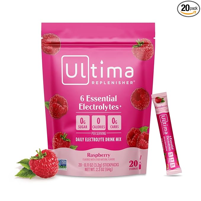Ultima Replenisher Daily Electrolyte Powder Drink Mix ??Sugar Free ??Raspberry, 20 Stickpacks