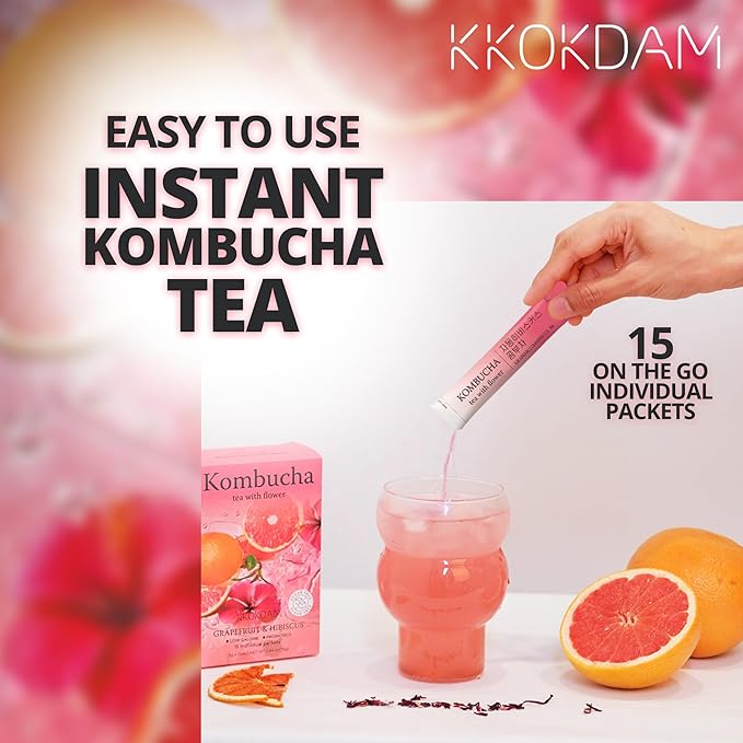 KKOKDAM Kombucha Tea - Grapefruit & Hibiscus Korean Tea - Kombucha Drinks Probiotic Support, Low