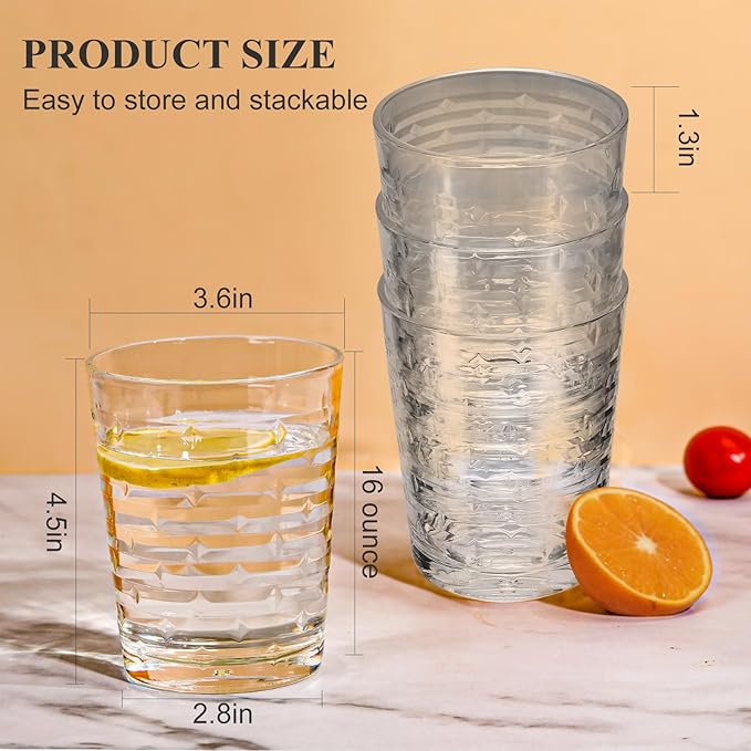Acrylic Clear Highball Plastic Cups | Plastic Reusable Tumblers 16oz (Set of 6) | Stackable |