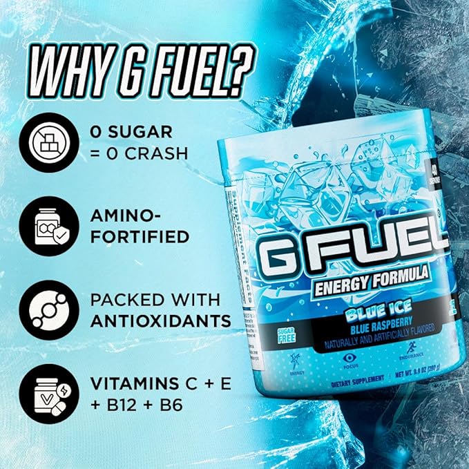 G Fuel Blue Ice Energy Drink Powder, Pre Workout Caffeine Mix for Gaming, Sugar Free Focus Amino