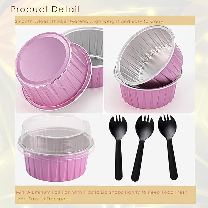 60 Pcs Mini Cake Pans with Lids,5oz Aluminum Foil Baking Cups Round Mini Disposable Ramekins 125ml