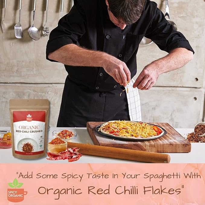 SPICY ORGANIC Crushed Red Pepper Flakes 8 oz. - Robust Chili Peppers Seasoning Spice - USDA
