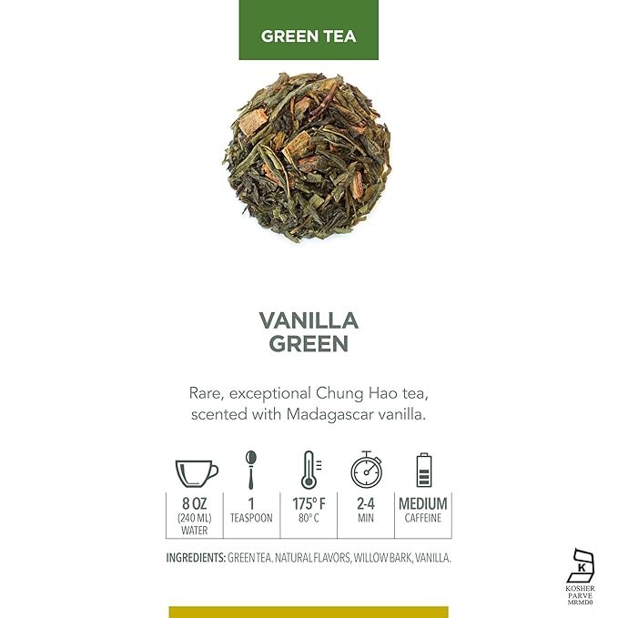 Teabloom Kosher Certified Vanilla Green Tea, Loose Leaf Tea Blend in Reusable Gift Canister, 3.17