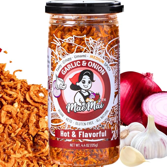 MaeMai Chili Crisp (MEDIUM HOT Spice) - Crunchy Spicy Onion & Garlic Flakes - All-Purpose