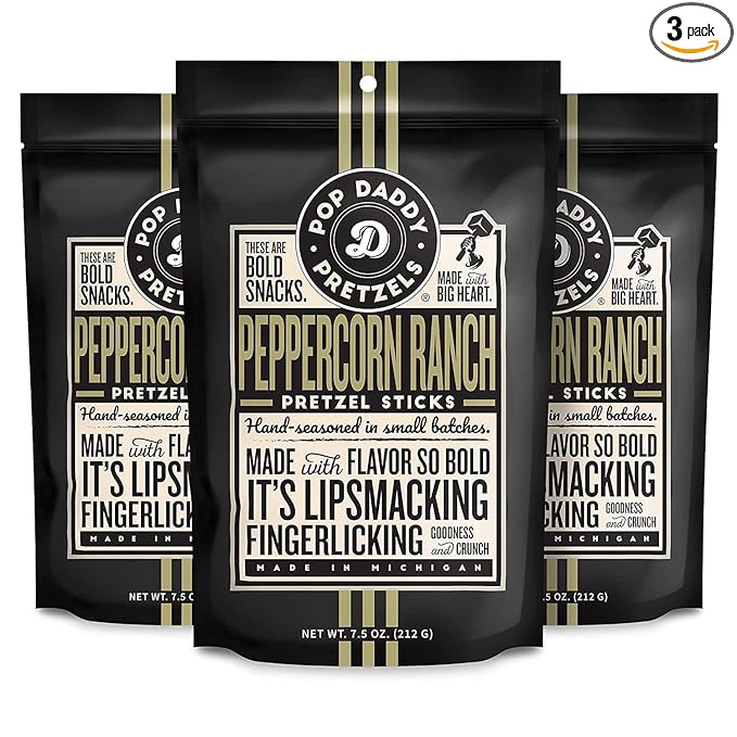 Pop Daddy Flavored Pretzels Sticks, Healthy Gourmet Pretzels Snacks, 7.5oz Individual Bags, 3 Pack