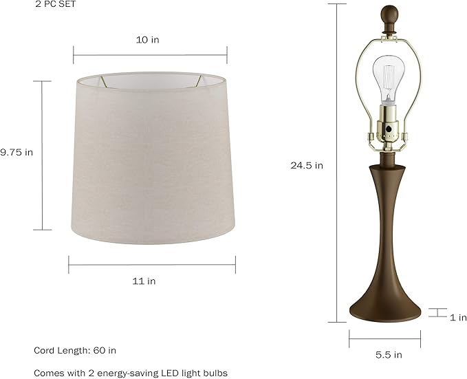 Table Lamps - Set of 2 Mid-Century Modern Lights with Metal Flared Trumpet Base - Includes Energy