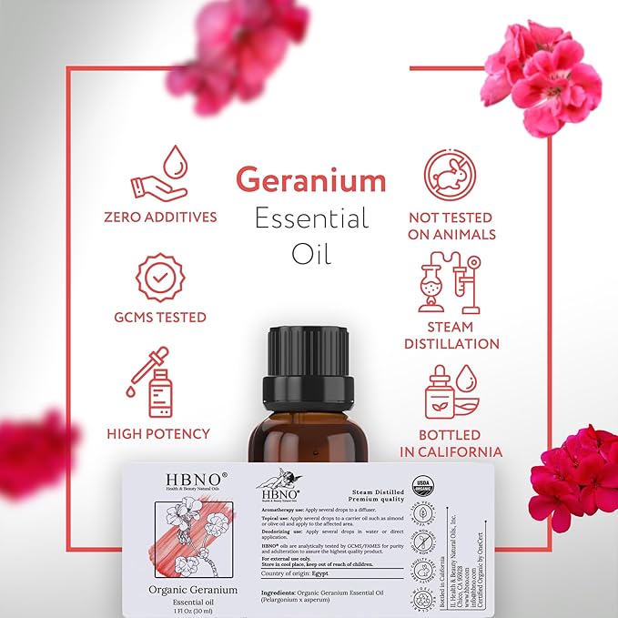 HBNO Organic Geranium Essential Oil - 1 oz (30ml) - USDA Certified Organic Geranium Essential Oil