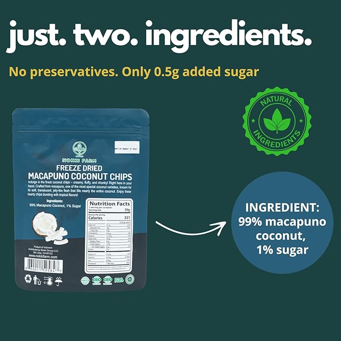 NOKKI FARM Freeze Dried Macapuno Coconut Chips - Healthy & Exotic Tropical Fruit Snacks, Low in
