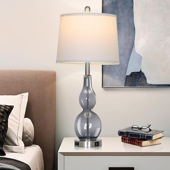 27.5" Gray Clear Glass Table Lamp Set of 2,3-Way Dimmable Touch Control Bedside Lamps with USB