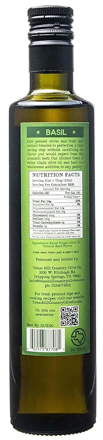 Texas Hill Country Olive Co Basil Infused Olive Oil - Cold Pressed Gourmet EVOO Olive Oil - Great