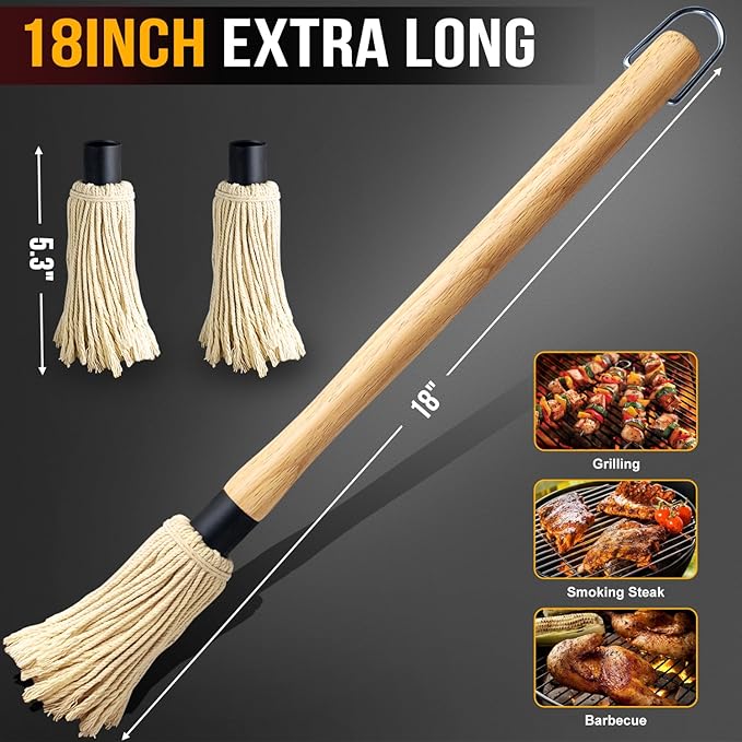 Walfos BBQ Mop Brushes for Sauce, Grilling Basting Mop Wooden Long Handle with 3 Heads, for