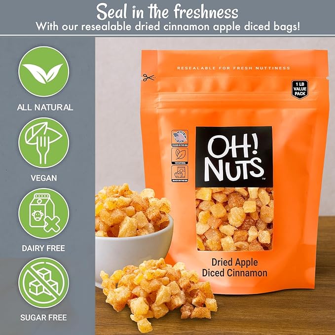 Oh! Nuts Dried Cinnamon Apple - 1 LB - Sweetened Dried Fruit Diced - Dehydrated Fruit Bites