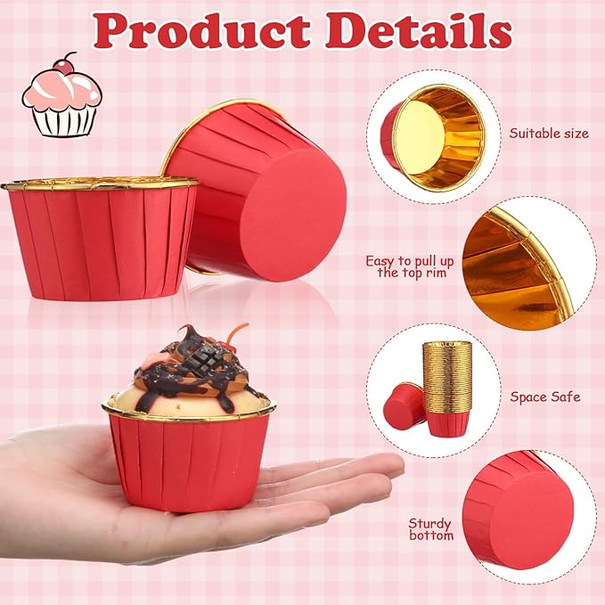 300 Pack Red Gold Cupcake Cups Bulk Disposable Foil Muffin Liners 3.5 oz Wrappers for Baking