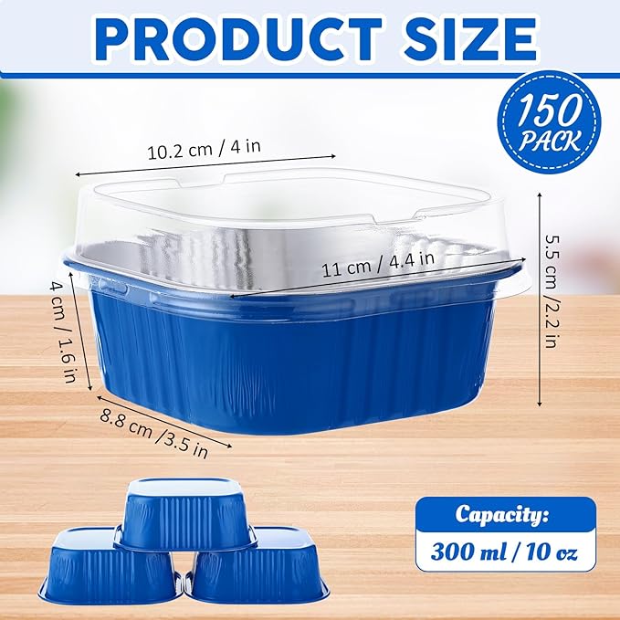 Aoriher 150 Pieces 10 oz Mini Cake Pans with Lids Aluminum Foil Baking Cups Square Disposable 4" x