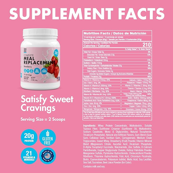 Yes You Can! Meal Replacement Shake - 20G Protein, 5G Fiber, 21 Vitamins & Minerals - Meal