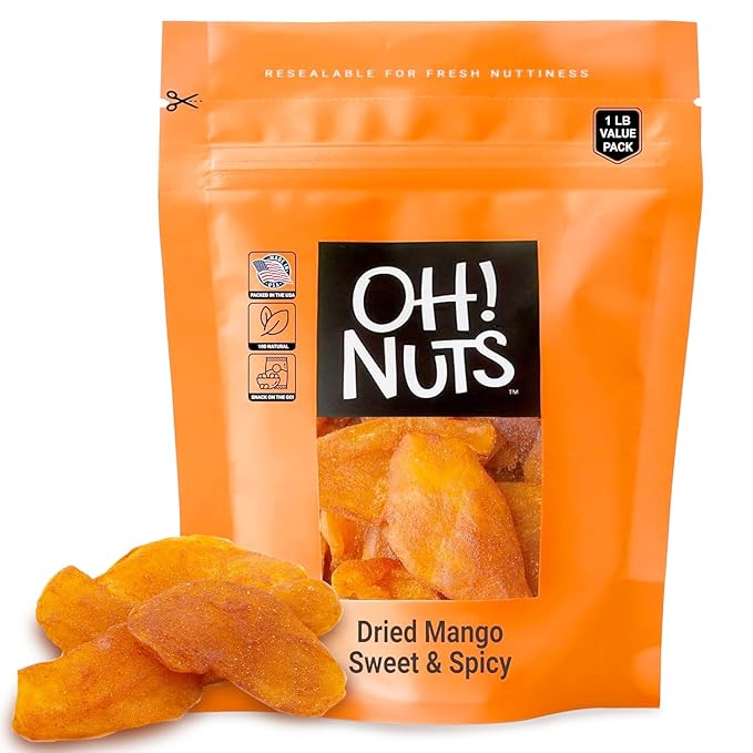 Oh! Nuts Dried Mango Sweet & Spicy - 1 lb - Sweetened Dried Fruit Slices - Packed in New York