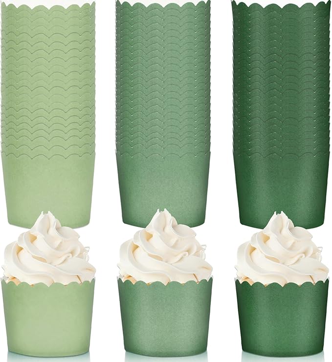 Whaline 120Pcs Sage Green Paper Baking Cups Scalloped Edge Cupcake Wrappers Gradient Green Cupcake