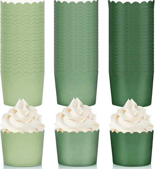 Whaline 120Pcs Sage Green Paper Baking Cups Scalloped Edge Cupcake Wrappers Gradient Green Cupcake