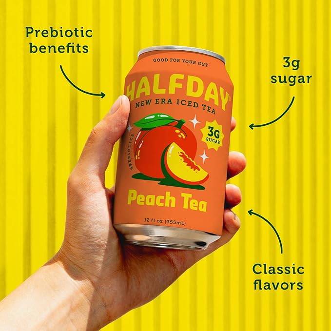 HALFDAY Prebiotic Peach Iced Tea Cans, Supports Digestive & Gut Health, 6g Plant Fiber &