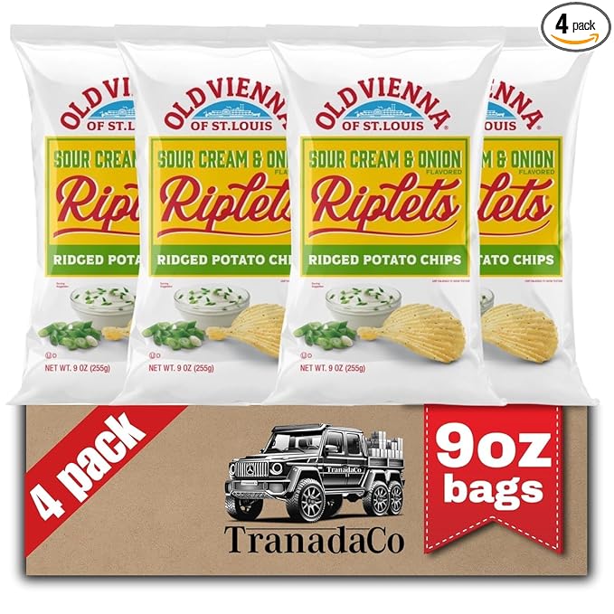 Old Vienna of St. Louis Sour Cream & Onion Flavored Riplets Ridged Potato Chips 9oz Bags (4 Pack)