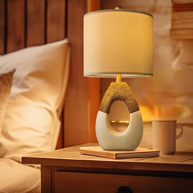 OYEARS 19” Boho Table Lamps Bedroom Living Room,Suitable for Small Space,Farmhouse Rattan Lamp