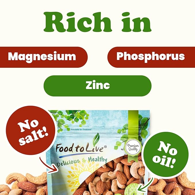 Food to Live - Dry Roasted Almonds and Cashews Mix, 8 Ounces ??Unsalted Oven Roasted Nuts, Protein