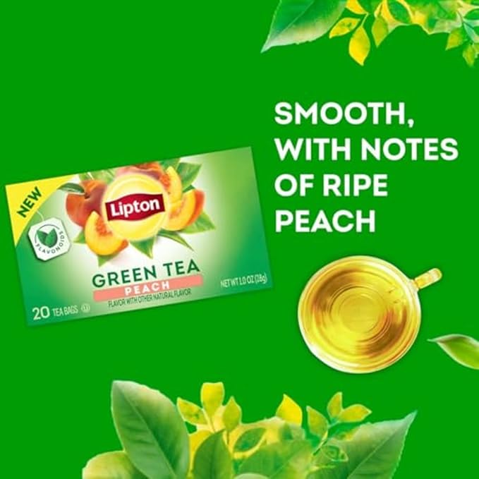 Lipton Peach Green Tea Bags, Flavored, Unsweetened Teabags for Hot Tea or Peach Iced Tea with