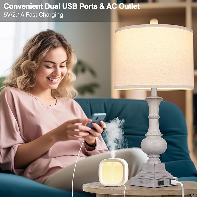 26" Farmhouse Lamp with 2 USB Ports & AC Outlet, Vintage Rustic Touch Control Bedside Lamp, Resin