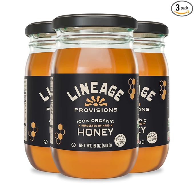 Lineage Provisions 100% Organic Raw Unfiltered Honey – 3-Pack (18 oz Glass Jars) – Undetectable