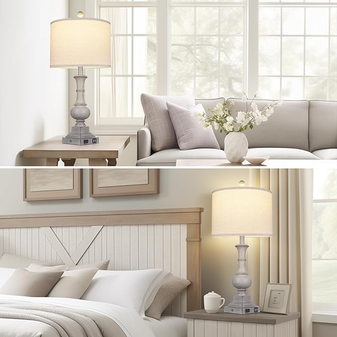 26" Farmhouse Lamp with 2 USB Ports & AC Outlet, Vintage Rustic Touch Control Bedside Lamp, Resin