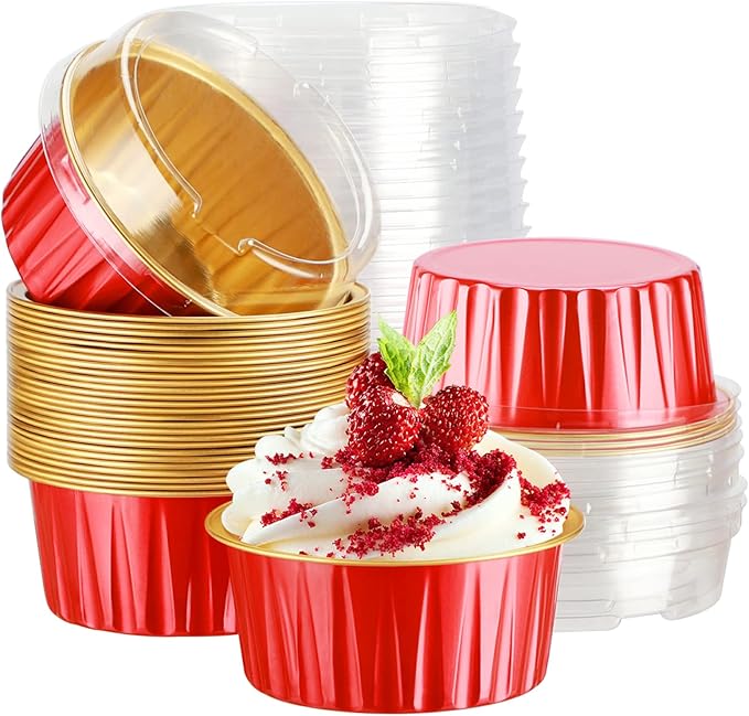 EUSOAR Dessert Cups with Lids, 30pcs 5oz Disposable Aluminum Tin Foil Ramekins Cupcake Baking Cups