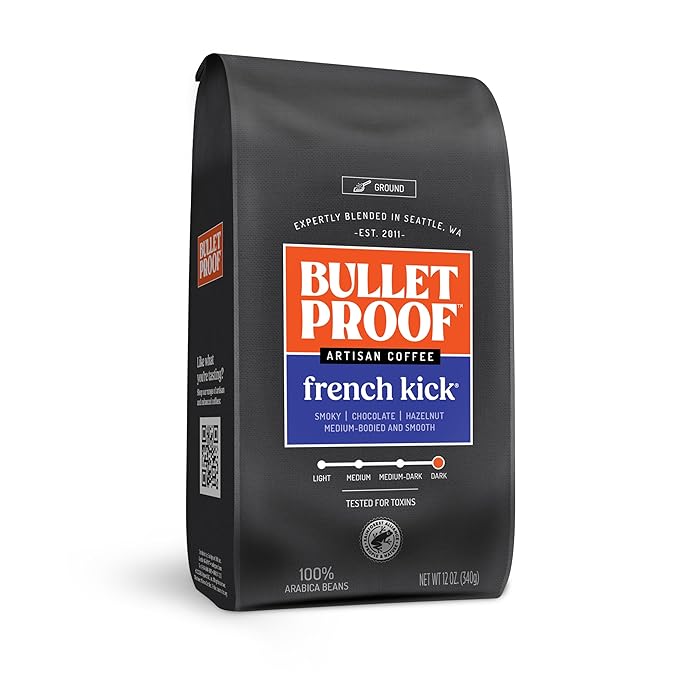 Bulletproof French Kick Dark Roast Ground Coffee, 12 Ounces, 100% Arabica Beans, Clean Coffee