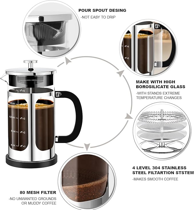 French Press Coffee Maker (21oz 600ML 3-4Cup) Coffee Press, with 4 Filters System, Heat Resistant