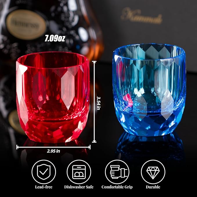 KAMMAK Crystal Whiskey Glasses Set of 2, 7oz Old Fashioned Glasses Stemless, Hand Blown Colored