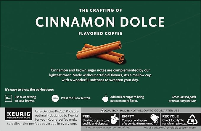 Starbucks K-Cup Coffee Pods, Cinnamon Dolce Flavored Coffee for Keurig Brewers, Naturally Flavored