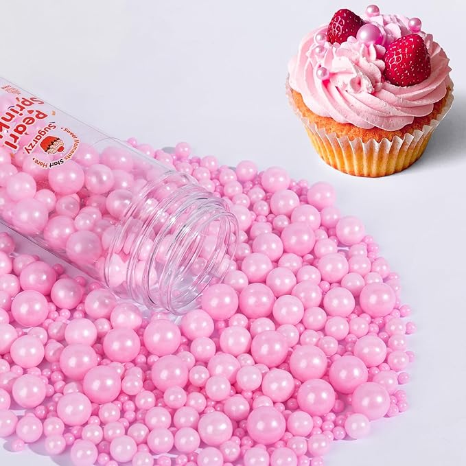 Pink Pearl Sprinkles for Cake Decorating,Edible Sugar Pearls for Baking,Mix Size,Mother's Day Cake