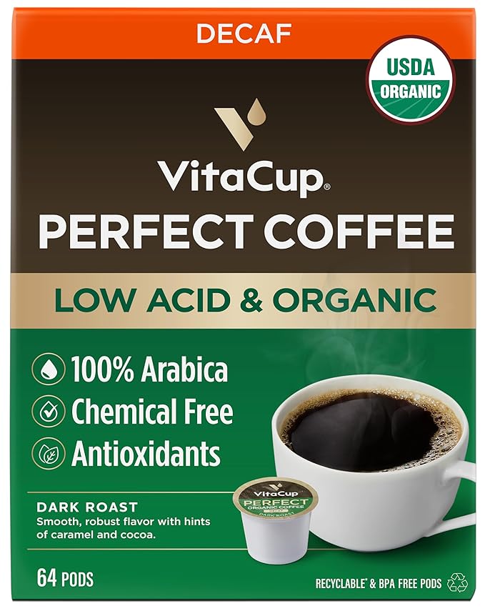 VitaCup Organic Perfect Dark Roast Decaf Coffee Pod for Pure & Clean Energy, Antioxidants, Low