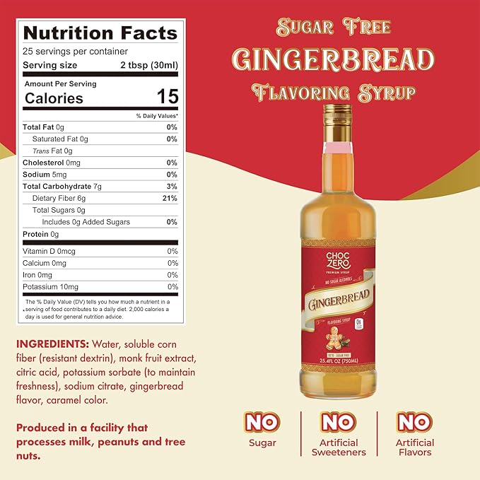 ChocZero Sugar Free Coffee Syrup, Gingerbread Flavor, Simple Syrup Drink Mix, Gingerbread Latte