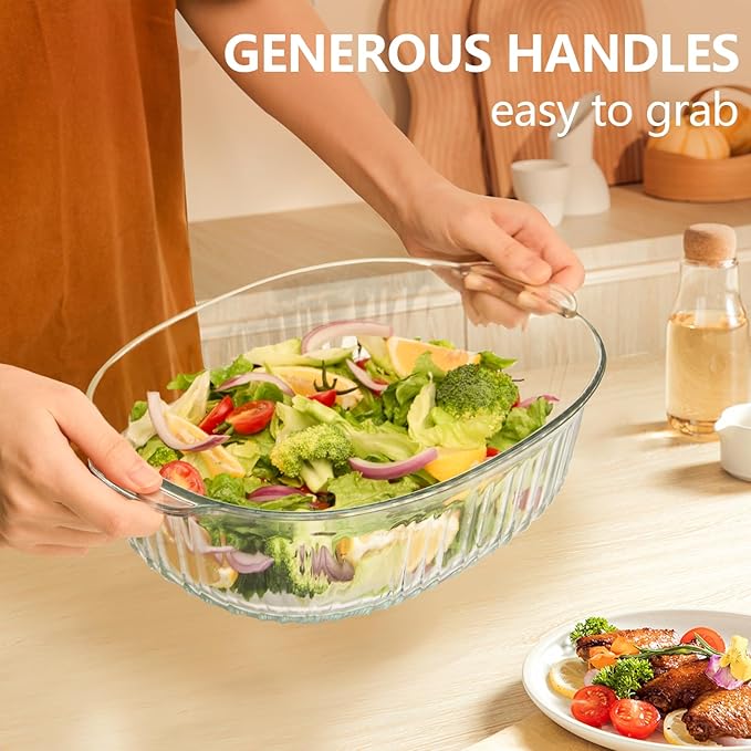 Luvan 2.8L/3Qt Glass Casserole Dish with Lid, Ribbed Oval Glass Baking Dish for Oven & Microwave