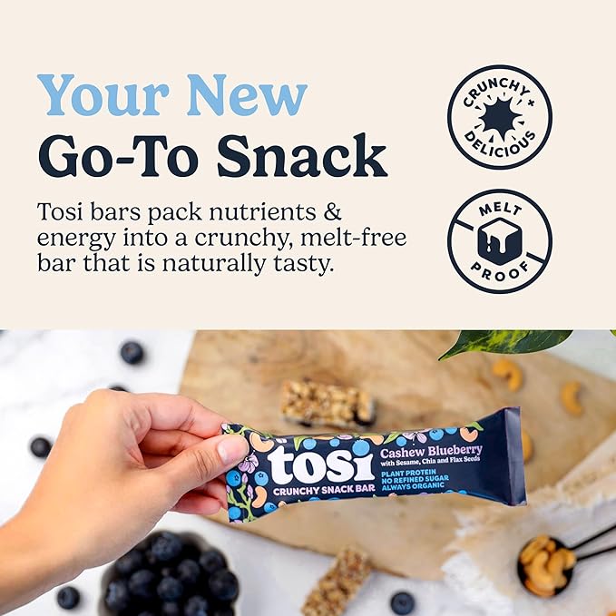 Tosi Cashew Blueberry Protein Bars - Crunchy Nut & Seed Vegan Snack Bars, Gluten Free, 6g Plant