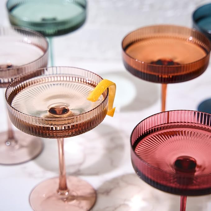 Colored Vintage Art Deco Coupe Glasses - Martini, Cocktail & Champagne Ribbed Glasses 7oz | Set of