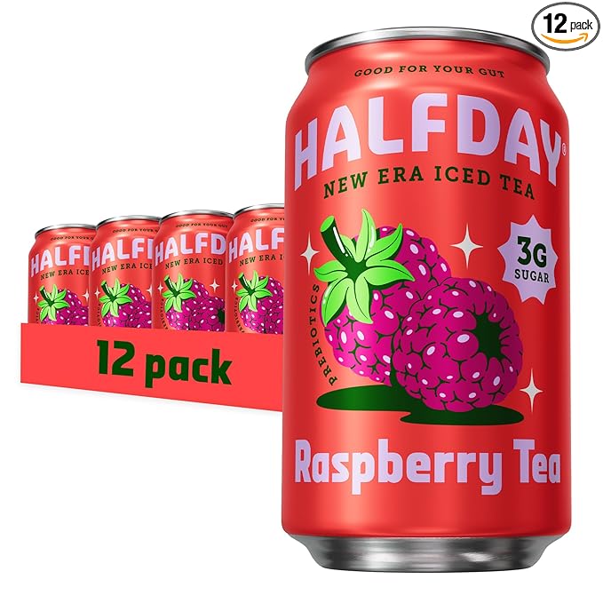 HALFDAY Prebiotic Raspberry Iced Tea Cans, Supports Digestive & Gut Health, 6g Plant Fiber &